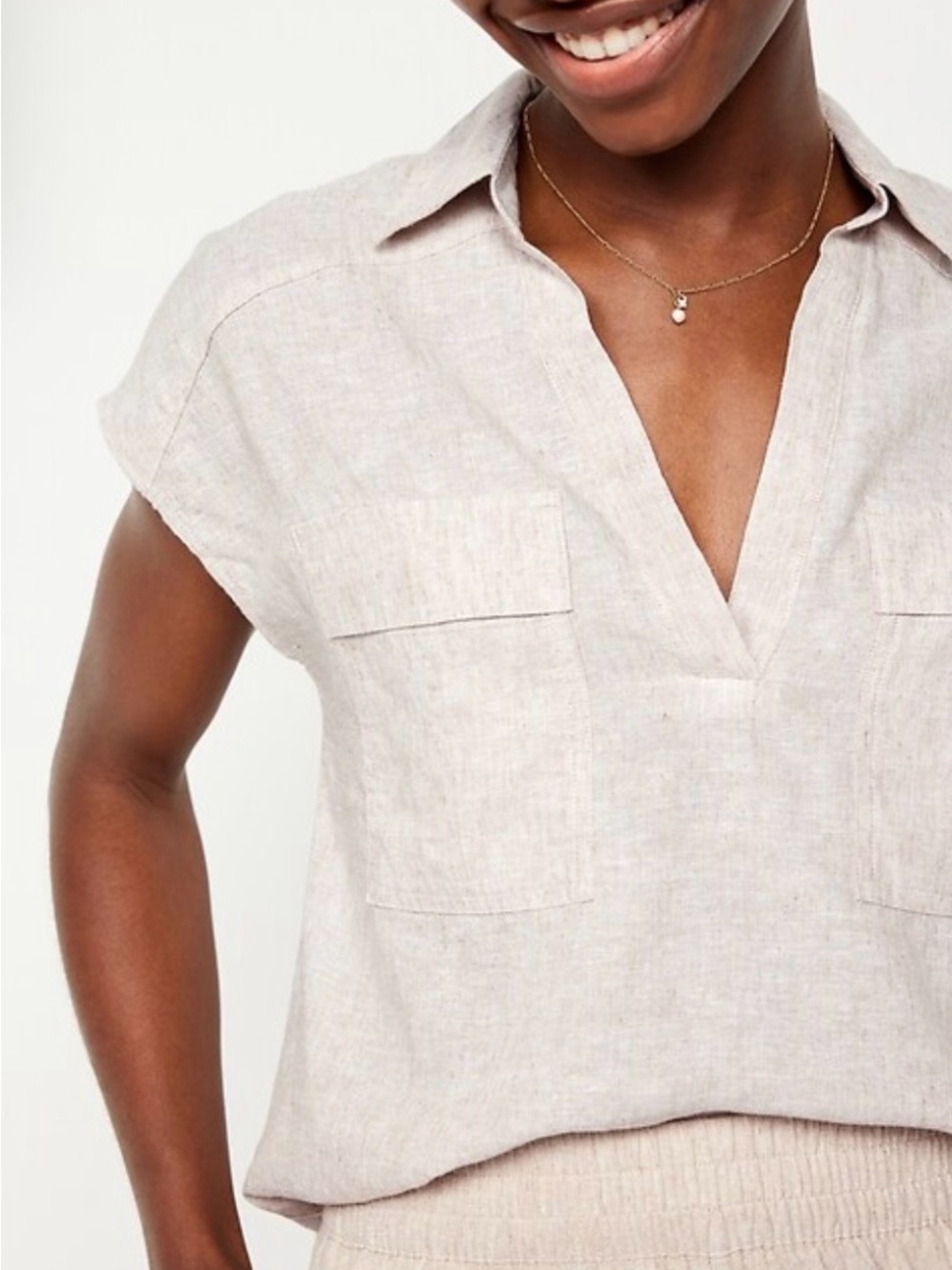 Linen Blend V-Neck Short Sleeve Utility Shirt